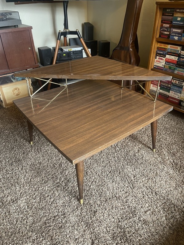 Vtg MCM Mid Century modern wood triangle Formica corner Table mid century HEAVY