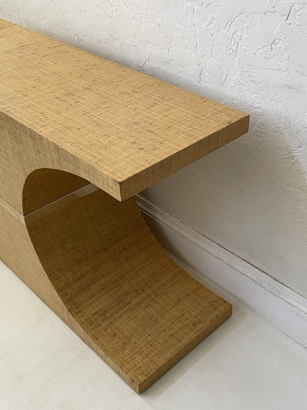 KARL SPRINGER Style Sculptural Grass Cloth Linen Brass Console Table gallery