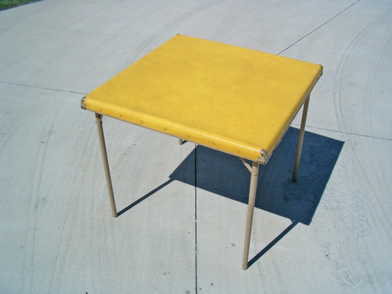 Antique Samson Folding Card Table Wood Frame Metal Legs – Unique Mustard Color