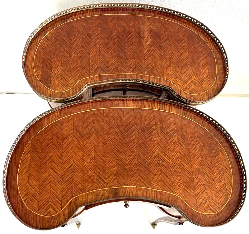 Early 20th-C Louis XV Marquetry Inlaid Kidney Shaped Bed / Side Table, a Pair gallery