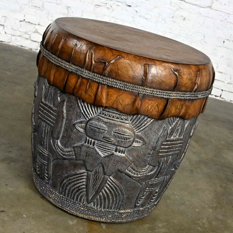 Island Style Boho Chic Resin Tiki Tribal Large Drum End or Accent Table