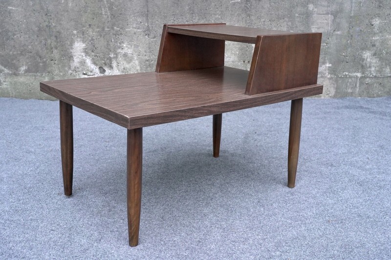 Mid Century Modern Walnut Woodgrain Formica Step End Table
