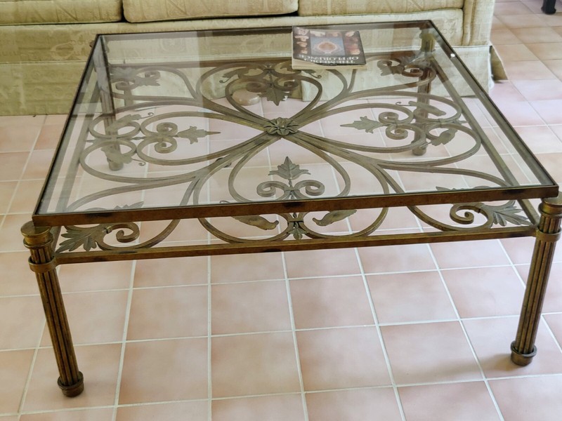 Vintage French Glass and Forged Iron Coffee Table Great Condition 40″ Square