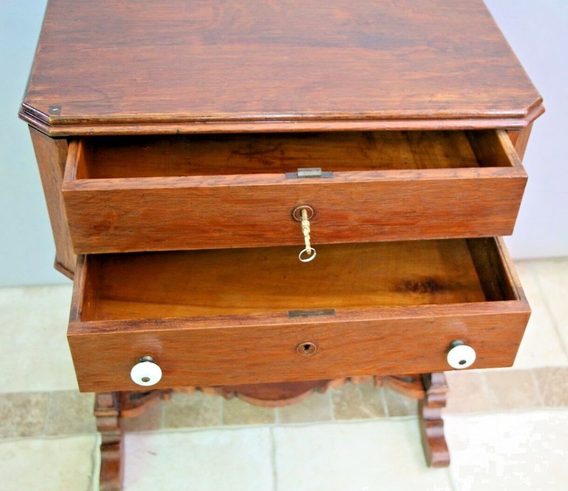 Antique Tiger Oak Victorian Sewing Work Stand Desk Two Locking Drawers with Key gallery