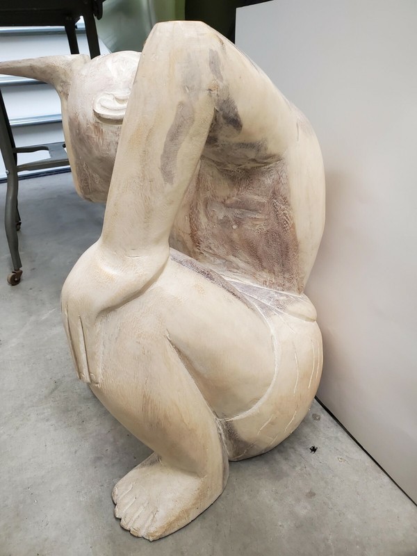 Vintage ORIENTAL Figural SOLID Wood Carved Seating MAN Statue Coffee Side Table gallery