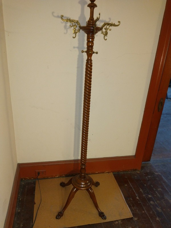 Antique Oak Hall Tree Claw Feet Original finish brass hooks look at the detail gallery