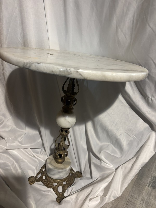 Antique Victorian Marble Accent Table Round White Ornate Metal Base Carvings gallery