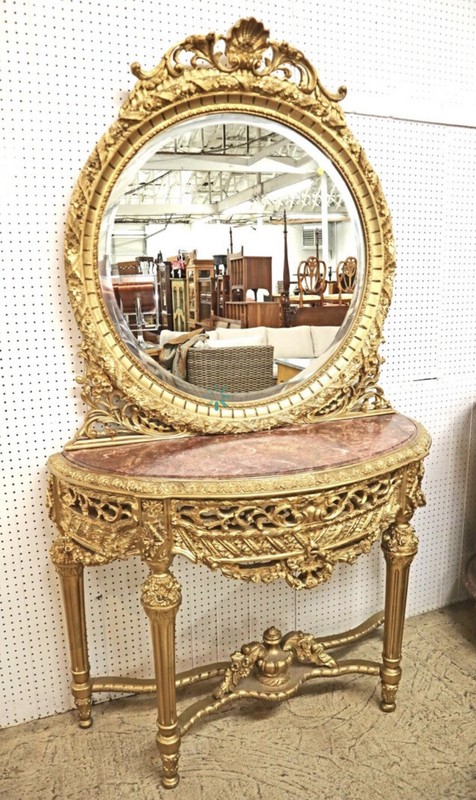 French Style Intricately Decorated Marble Top Console With Mirror