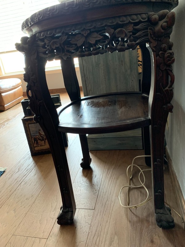 ANTIQUE ROUND TALL CARVED ROSEWOOD RED MARBLE TABLE WITH LOCAL PICK UP ONLY***** gallery