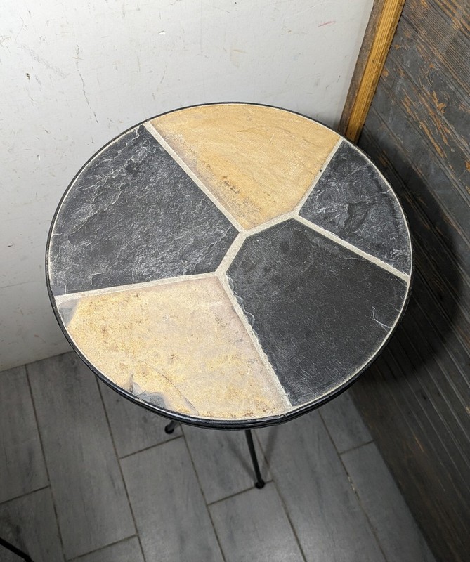 Vintage Mid Century Modern Round Slate Tile Iron Plant Stand Pedestal Table gallery