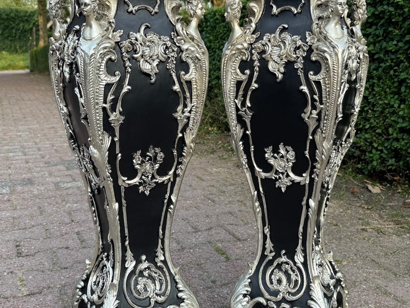 Pedestals display stands Italian Baroque Black Silver Marble Top Pair XL 43in gallery