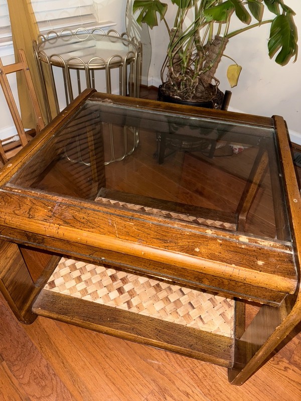 1940s/50s Vintage Waterfall Side Table | Glass Top | MCM | Solid Wood gallery