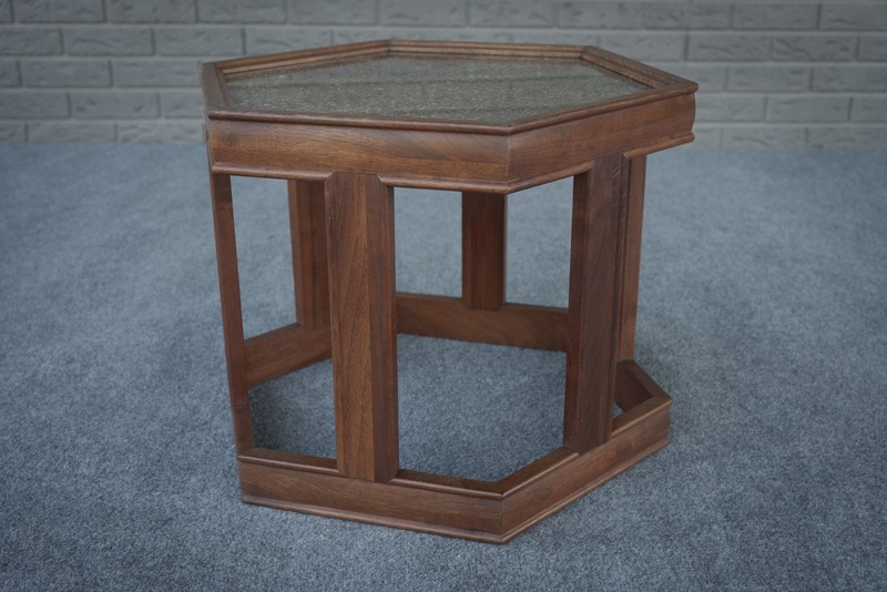 Mid Century Modern John Keal for Brown Saltman Walnut & Glass Hexagon End Table