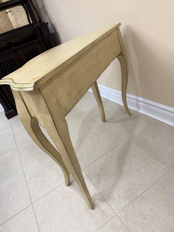 Antique French Country Console Table Wood Curved Beige Gold Carvings Drawer gallery