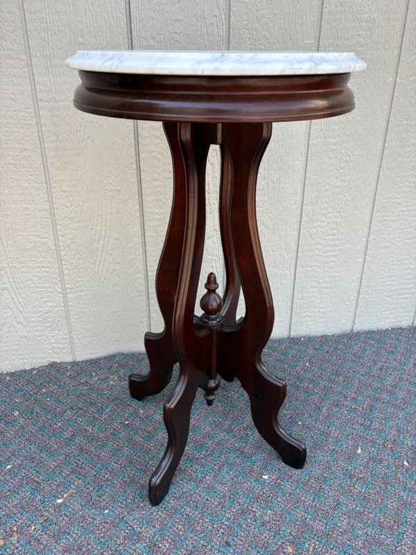 67777 Victorian Marble-Top Pedestal Table with Ornate Wooden Base gallery
