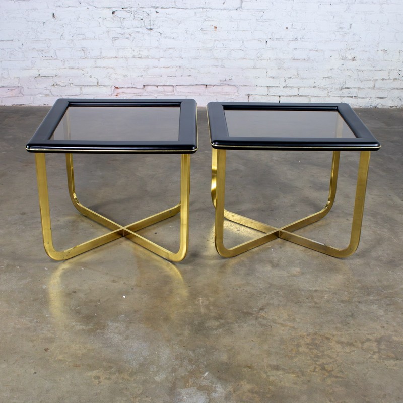 Modern End Side Tables 1 Rectangle 1 Square Glass Inset Tops & Brass Plate Bases gallery
