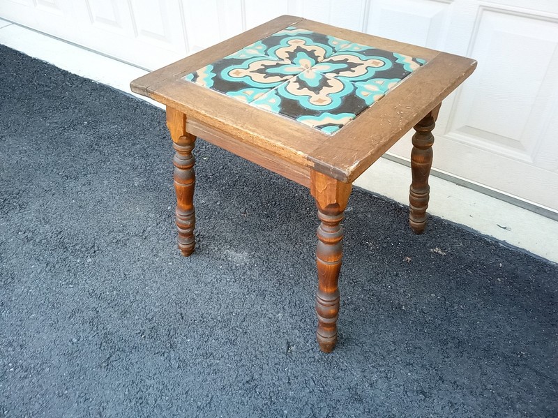 Vintage 40s Mexican tile top wood table 17.5 x 17 x 17" gallery