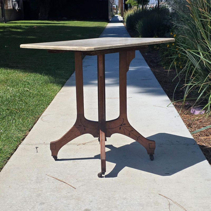 Antique Eastlake Marble Top Side Table Walnut Wood Victorian 19th C Lamp Stand gallery