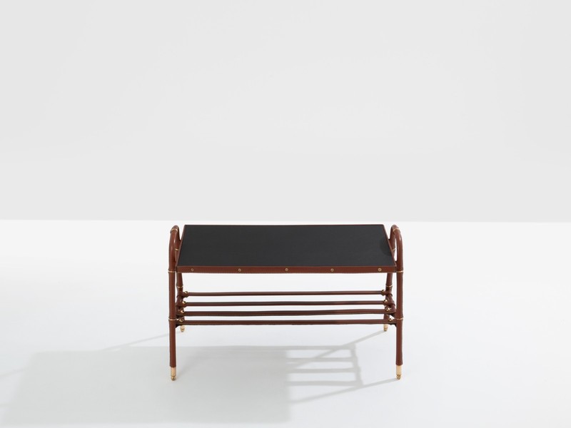Jacques Adnet pique sellier red leather brass coffee table 1950 gallery