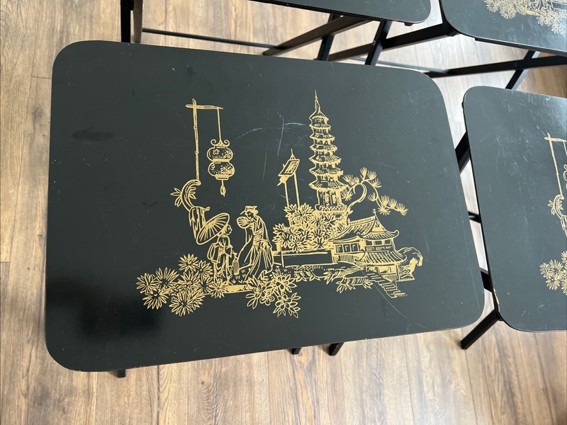 Set of 4 - Artex Folding Table, Engraved & Painted, Asian Art gallery