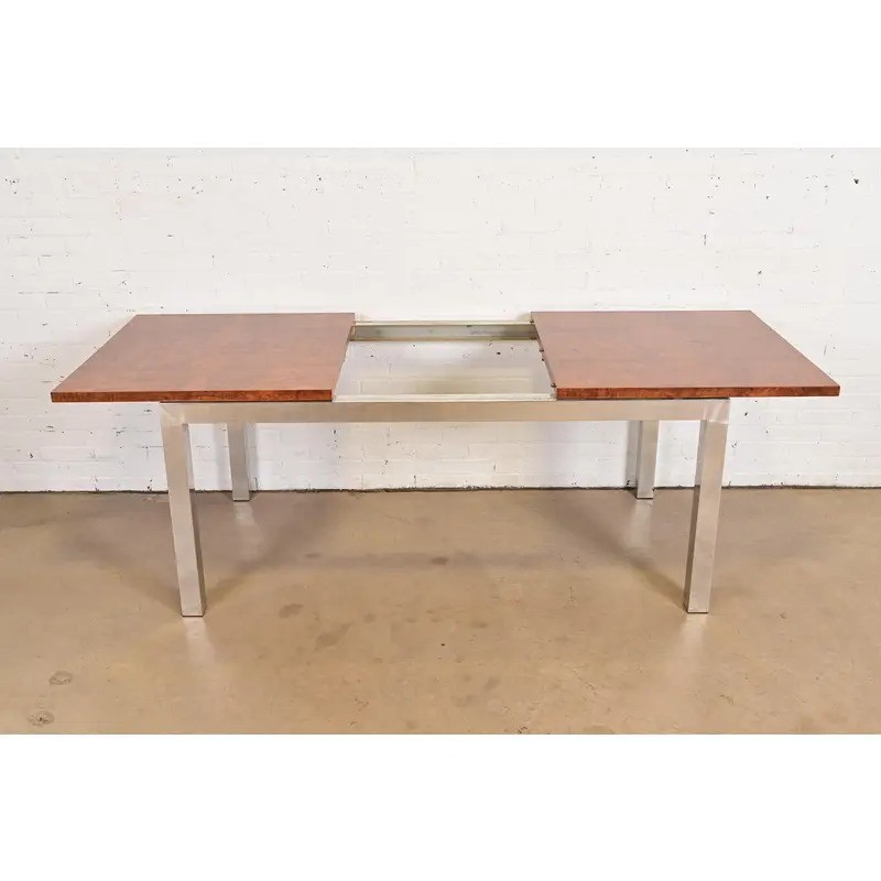 Leon Rosen Mid-Century Modern Burl Wood Extension Dining Table, Newly Refinished gallery
