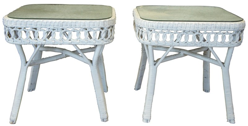 2 Vintage White Wicker Bamboo Rattan Square Side Accent Tables Boho Chic 22″