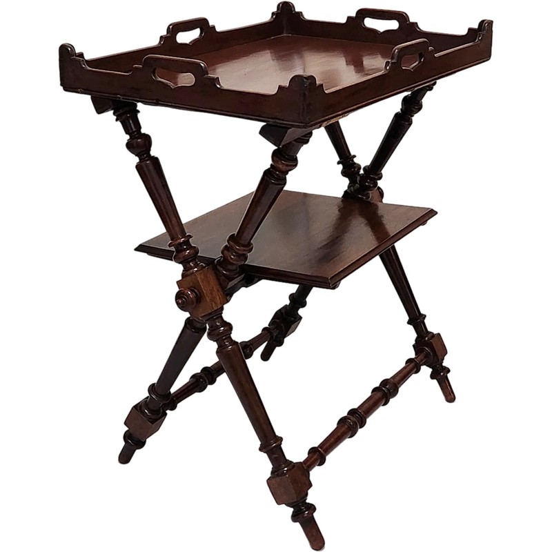 Tea Table, Butler Serving Tray, Folding Stand, Rare Shelf, Walnut, 29″t