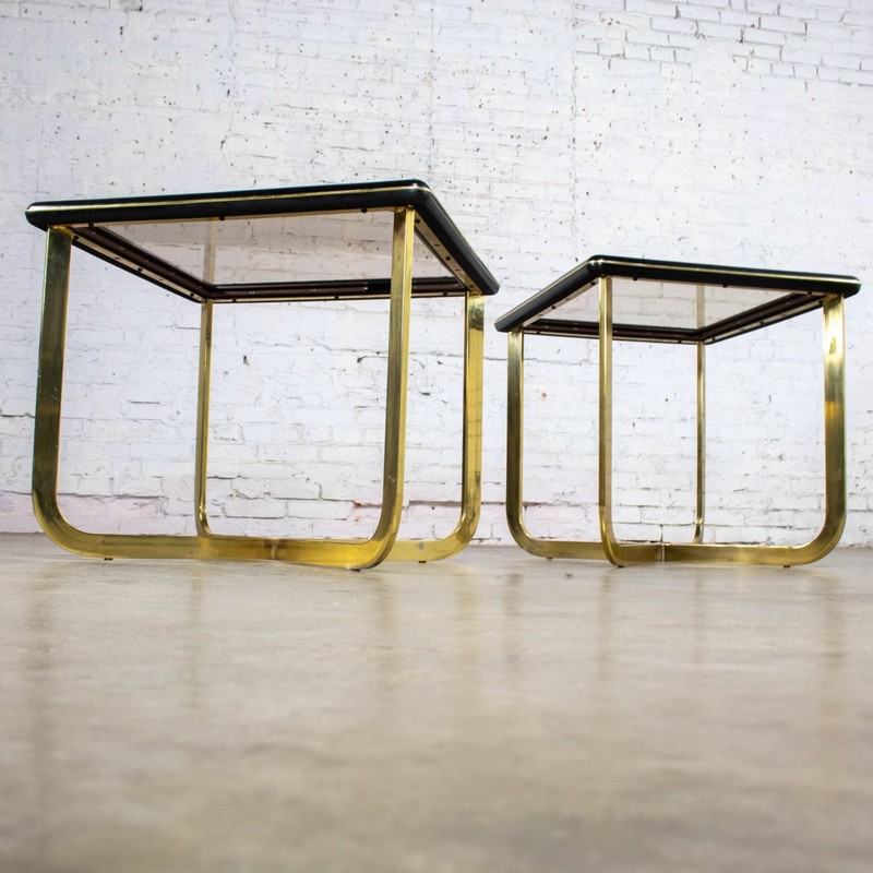Modern End Side Tables 1 Rectangle 1 Square Glass Inset Tops & Brass Plate Bases gallery