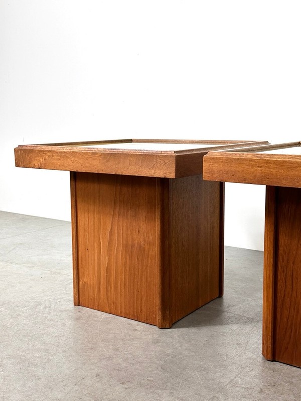 Vintage Mid Century Modern Walnut Glass Pedestal Side End Tables John Keal gallery