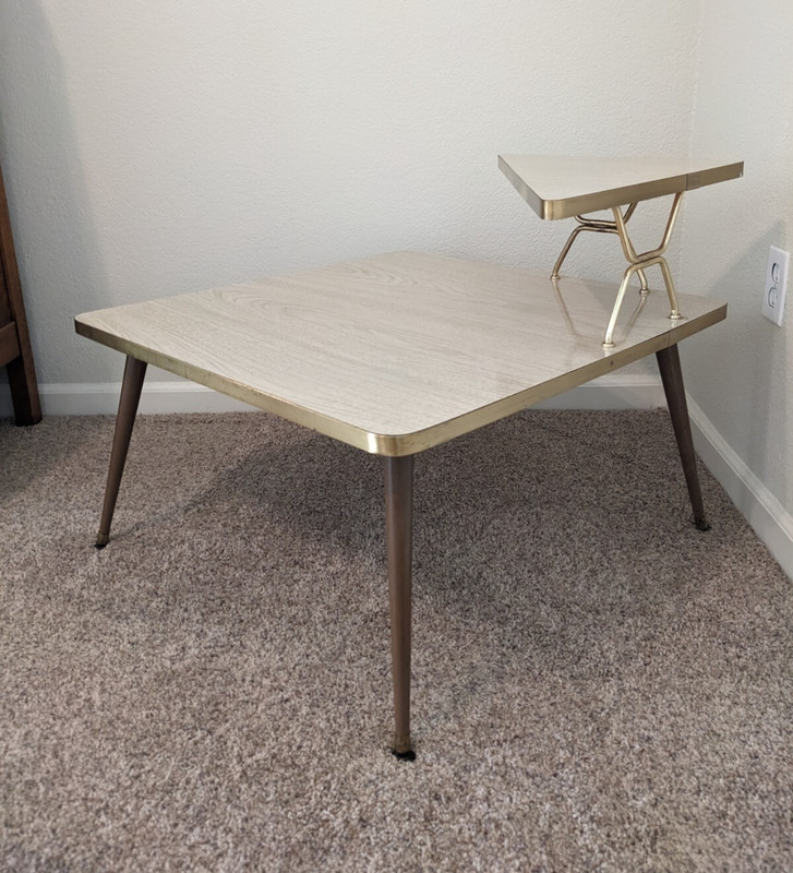 Vintage Mid Century Space Age Two Tier Corner End Table Laminate Blonde Wood