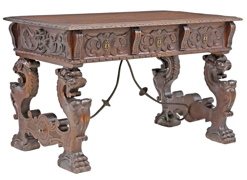 Antique Desk, Library, Highly Carved, Spanish Renaissance Revival, 1800s!