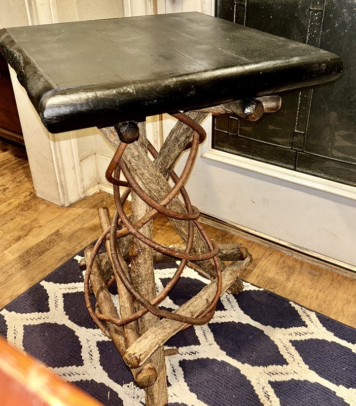 Folk Art/Rustic Wood /Twig Woven Design Side Table/Plant Stand
