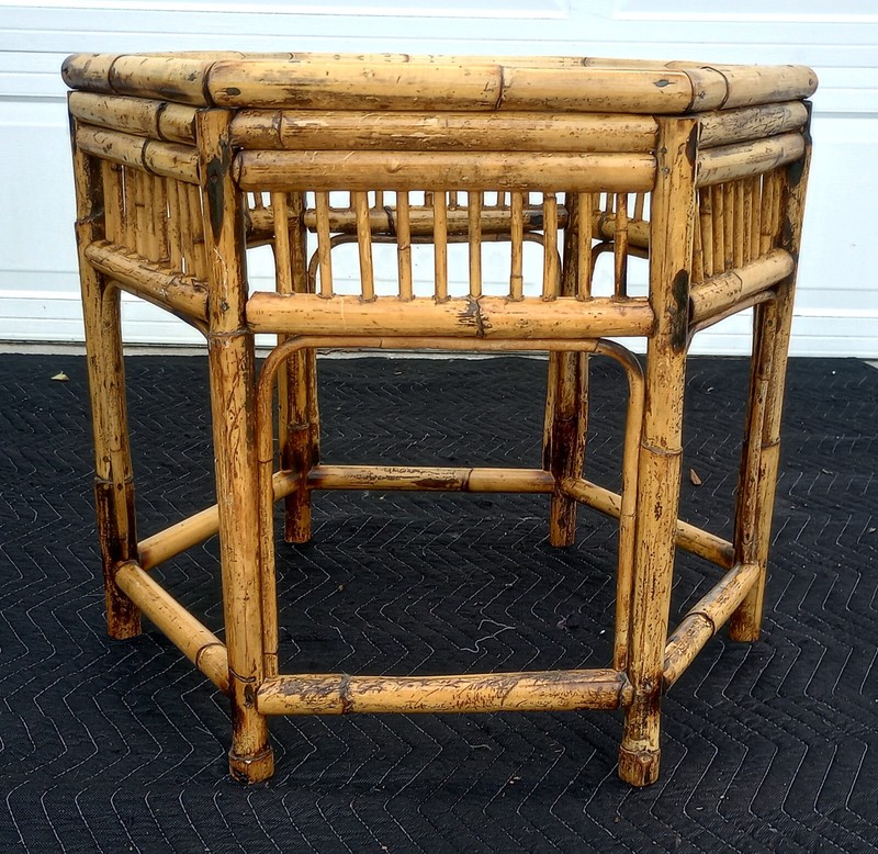 Vintage Mid Century Burnt Bamboo Brighton Style Side Table Glass Top gallery