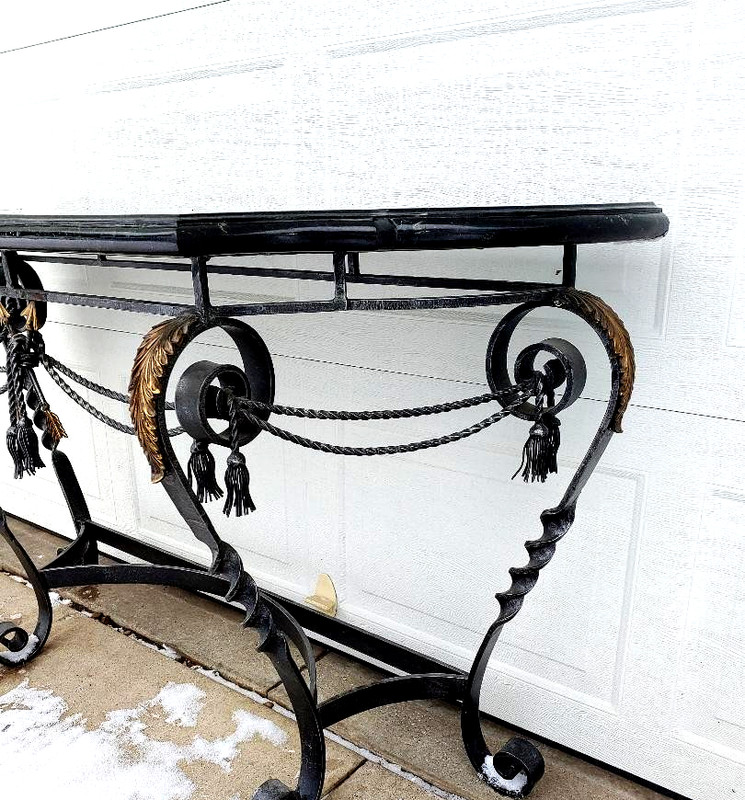 FANTASTIC MAITLAND SMITH BLACK MARBLE 53" CONSOLE TABLE, WROUGHT IRON & BRONZE. gallery