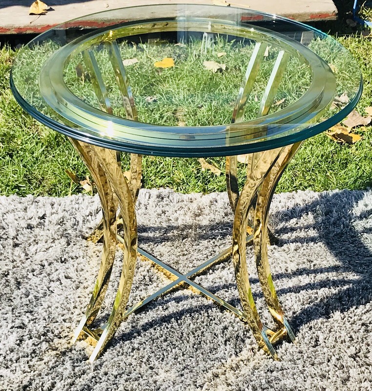 Vtg End Table 80s Gold Forged Brass Bevelled Frame & Glass MCM Hollywood Regency gallery