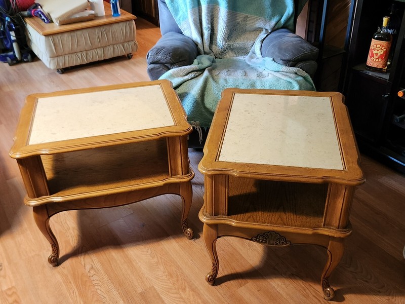Antique, Vintage Mid Century, Solid Wood End Tables, Marble Inlay tops, clean! gallery