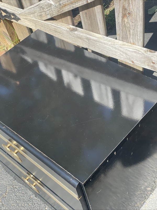 Postmodern 1980’s Side Bed Table Black Lacquer Laminate and Gold gallery