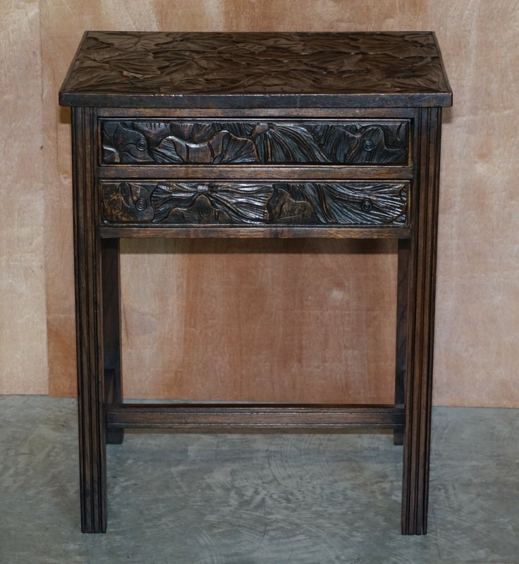 CIRCA 1905 LIBERTY'S LONDON JAPANESE HAND CARVED SIDE LAMP TABLE CUTLERY DRAWERS gallery