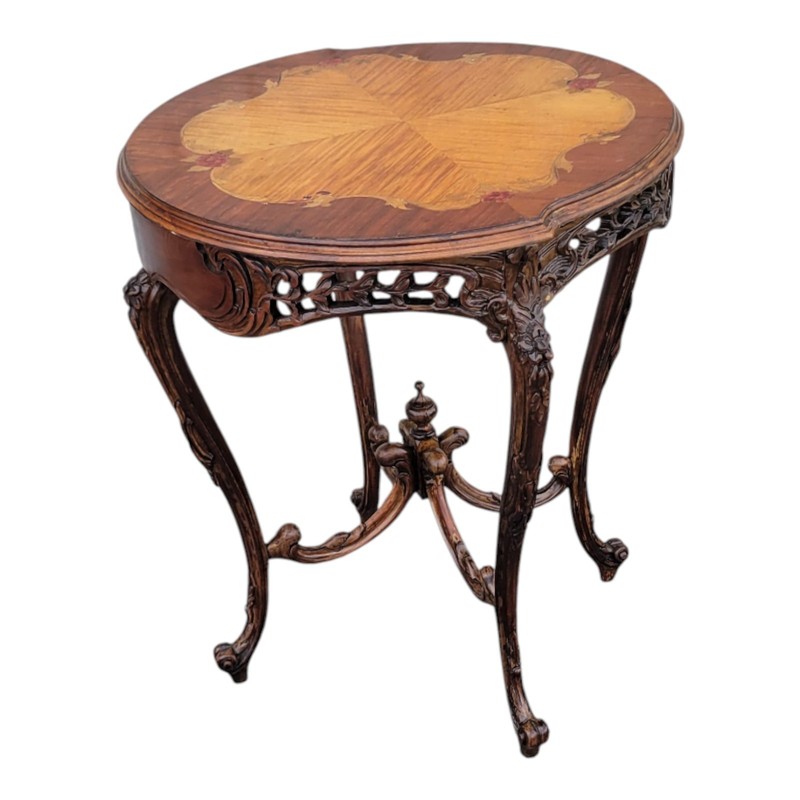 1940s Italian Walnut & Satinwood Inlay Carved Side Sofa Occasional Table gallery