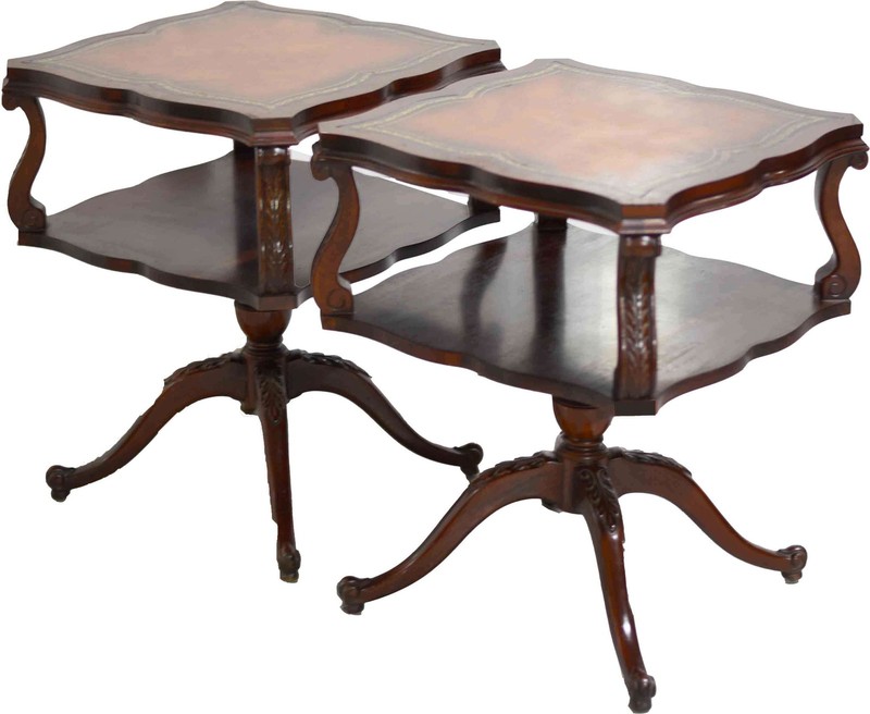 1950s Georgian Revival Leather Mahogany Occasional Tripod Tables by Venice Furni