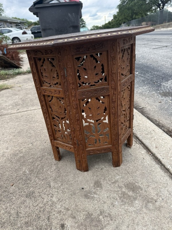 Antique Octagonal Carved Wooden Folding India Side Table 18x18 gallery