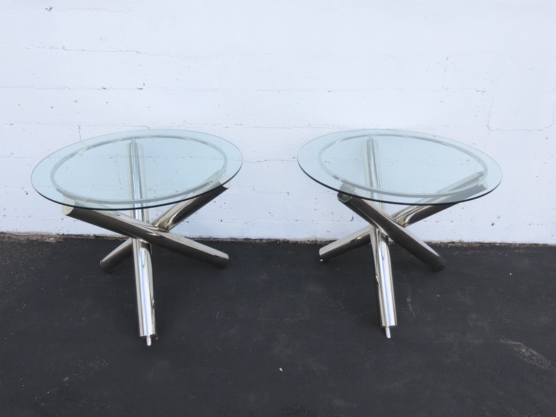 Milo Baughman style Chrome Glass Top Jax Tables a Pair 6571D gallery