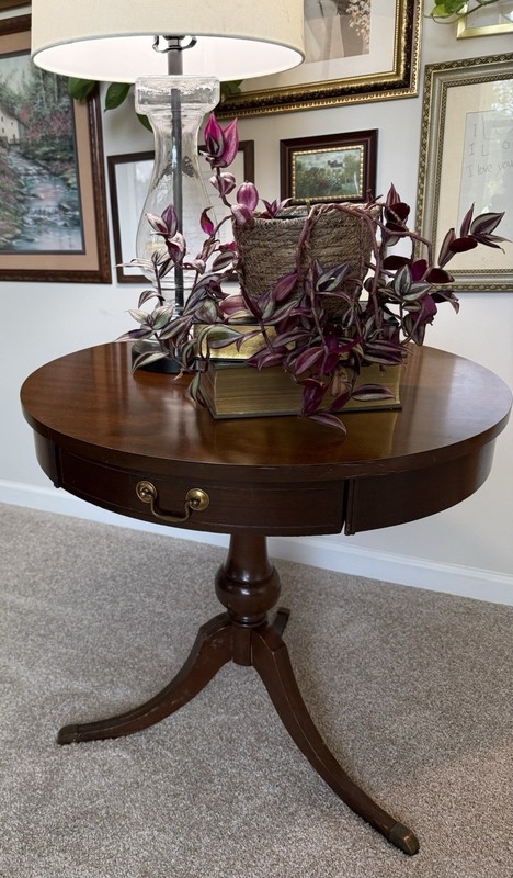Mersman Antique Round Wood Accent Table with Drawer, Brass Handle, Polished gallery