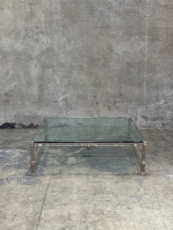 Vintage Italian Wrought Iron Coffee Table, Twisted Rope Base, Glass Top, 60in gallery