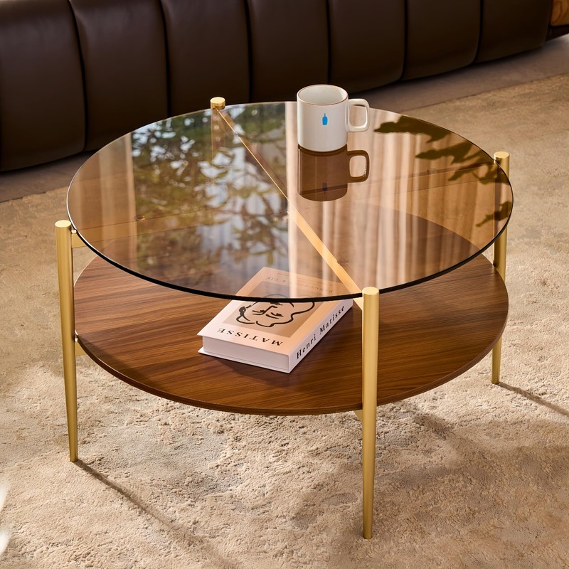 Mid-Century Modern Round Glass Coffee Table, 2-Tier Amber Top, Walnut Shelf, Gol gallery