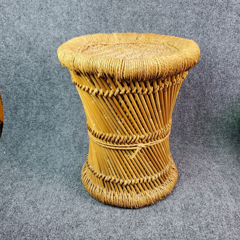 Vtg Table Ottoman Stool Pouffe Cane Rattan Wicker Woven Boho MCM Umbrella Stand