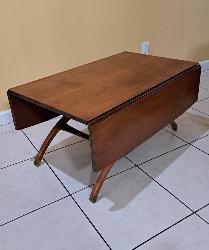 MCM Adjustable Elevator Table Coffee to Dining Solid Wood Drop Leaf X‑Frame Base gallery