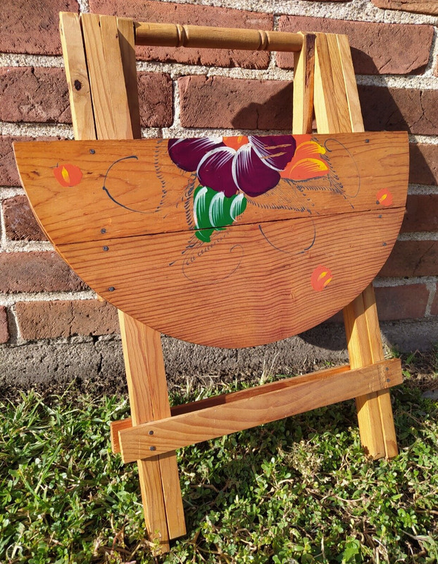 VTG Hand Painted Folding Wood Decorative Round 18" D Side Table Floral Gorgeous gallery
