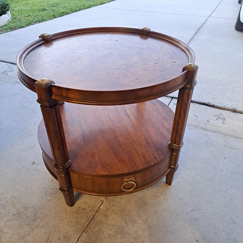 Weiman Vintage Round Two-Tier Wooden Accent Table with Drawer & Brass Ring Pull gallery