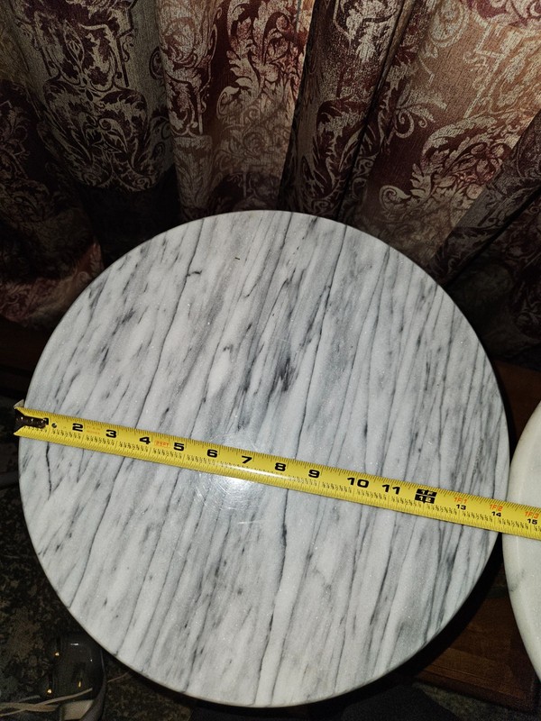 Vintage Hollywood Regency marble stone top tables with round, ornate brass base gallery